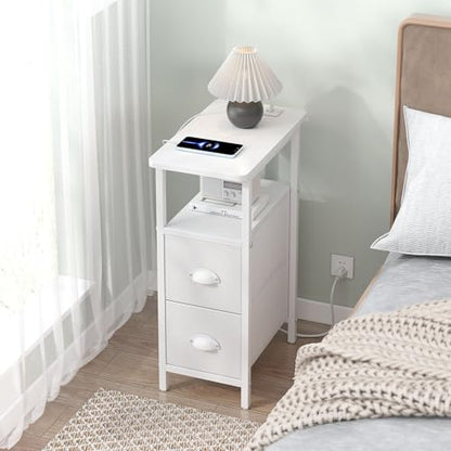 sthmec Narrow End Table with Charging Station, Narrow Side Table with 2 Fabric Drawers, Slim Nightstand, Skinny Bedside Table, Small Side Table for Small Spaces, Living Room, Bedroom, White - color: White, size: 7.87'' W x 15.75'' D x 24.37'' H, style: Po