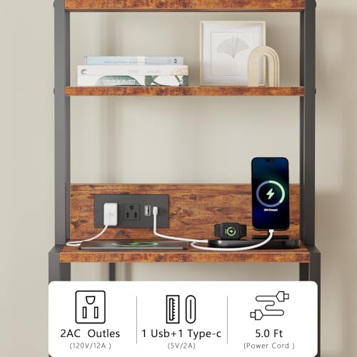 Furnulem Night Stand, Tall Nightstand with 4-Tier Shelves, 2 Fabric Drawers and LED Lights, Bed Side Tables with Charging Station, Bedside Table for Bedroom, Office, Rustic Brown - color: Rustic Brown, size: 2 Drawer