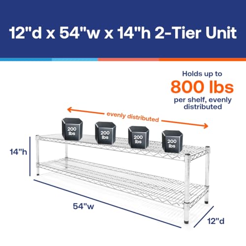 Shelving Inc. 12" d x 54" w Chrome Wire Shelving with 2 Tier Shelves, Weight Capacity 800lbs Per Shelf - size: 12" d x 54" w x 14" h