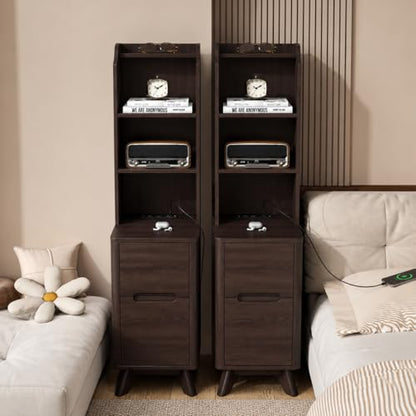 Tall Nightstand Set of 2 w/Charging Station, Narrow Nightstand w/Bookshelf | 47" Modern Side Table with 2 Drawers, Adjustable 4 Open Shelves, Wooden End Table Bedside Table for Bedroom (Brown) - color: Brown, size: Tall (2 drawer)