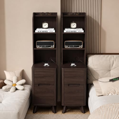 Tall Nightstand Set of 2 w/Charging Station, Narrow Nightstand w/Bookshelf | 47" Modern Side Table with 2 Drawers, Adjustable 4 Open Shelves, Wooden End Table Bedside Table for Bedroom (Brown) - color: Brown, size: Tall (2 drawer)