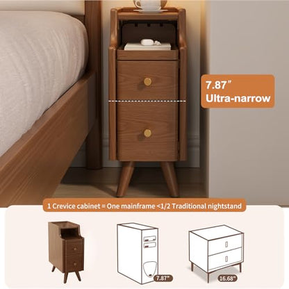 AQIMUELE Narrow Nightstand with Drawers, Wood Bedside Table, Small Walnut Nightstand Set of 2 - color: 2 Pc(walnut), size: 15.74''D*7.87''W*19.68''H