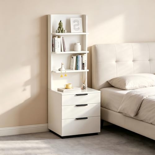 Night Stand, Tall Nightstand with 4-Tier Shelves and 3 Drawers, Bed Side Table for Bedroom, Hallway, Study Room and Home Office
