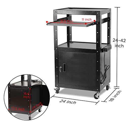 AV Carts, Rolling Presentation Cart Station, Height Adjustable Media Cart for Video Projector, TV, Printers, Computers with 1 Storage Locking Cabinet, 1 Sliding Keyboard Tray, 3 Outlets, 2 USB Ports