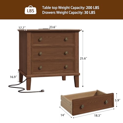 IKENO Solid Wood Nightstand with 3 Drawers, Tall Leg Bedside Table with Charging Station, Farmhouse Night Stand with Wood Slide Rail, Anti-Scratch Foot Pads for Bedroom，Walnut - color: Walnut