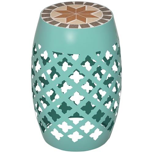 Outsunny 12" Patio Round Side Table, Outdoor Footstool, Garden Mosaic Accent Side Table, Plant Stand, Blue - color: Blue