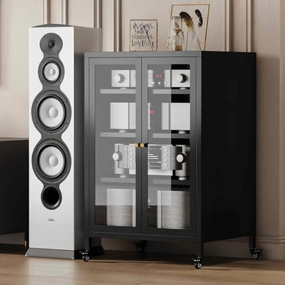 Metal Media Cabinet with Swivel Wheels & Glass Doors, 4-Tier Stereo Cabinet, Adjustable Shelves AV Rack with Cable Management, Black - color: Black, style: Swivel Wheels