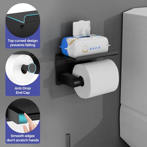 Bntuk Toilet Paper Holder with Shelf, Self-Adhesive or Screw Wall Mount Toilet Paper Holder with Wipes Storage, Rustproof Stainless Steel Tissue Roll Holder for Bathroom Washroom (Matte Black) - color: Black