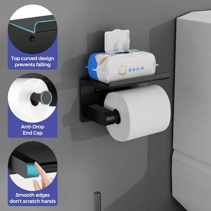 Bntuk Toilet Paper Holder with Shelf, Self-Adhesive or Screw Wall Mount Toilet Paper Holder with Wipes Storage, Rustproof Stainless Steel Tissue Roll Holder for Bathroom Washroom (Matte Black) - color: Black