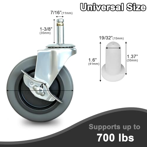 4 Inches Stem Caster Wheels,7/16-Inch Stem Diameter Rubber Casters Set of 4 with Side Brake,Heavy Duty TPR Replacement Wheels for Utility Cart Rubbermaid Mop Bucket Shop Vac Weber Grills - 4 Pack - style: 7/16"x1-3/8"(with brake)