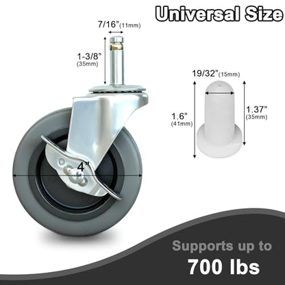 4 Inches Stem Caster Wheels,7/16-Inch Stem Diameter Rubber Casters Set of 4 with Side Brake,Heavy Duty TPR Replacement Wheels for Utility Cart Rubbermaid Mop Bucket Shop Vac Weber Grills - 4 Pack - style: 7/16"x1-3/8"(with brake)