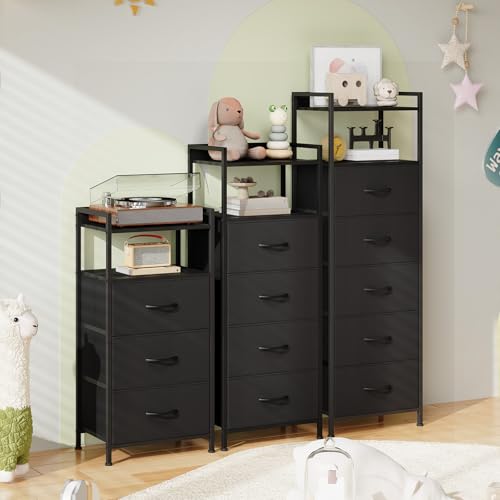 Somdot Nightstand with 3 Drawers, Dresser with Fabric Bins for Bedroom, Hallway, Entryway, Night Stand Bedside Table Furniture, Sturdy Steel Frame, Wooden Top, Easy Pull Fabric Bins, Black - color: Black, size: 11.4"D x 15.2"W x 30.6"H (3 Drawers)