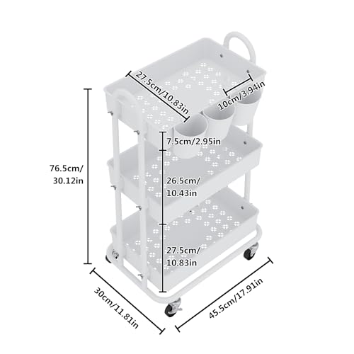 3-Tier Utility Cart with Wheels, Rolling Cart with 3 Hanging Baskets, Storage Shelves, Multi-Functional Organizer Cart for Bathroom, Office, Kitchen, White - size: With hanging baskets