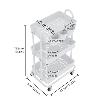 3-Tier Utility Cart with Wheels, Rolling Cart with 3 Hanging Baskets, Storage Shelves, Multi-Functional Organizer Cart for Bathroom, Office, Kitchen, White - size: With hanging baskets