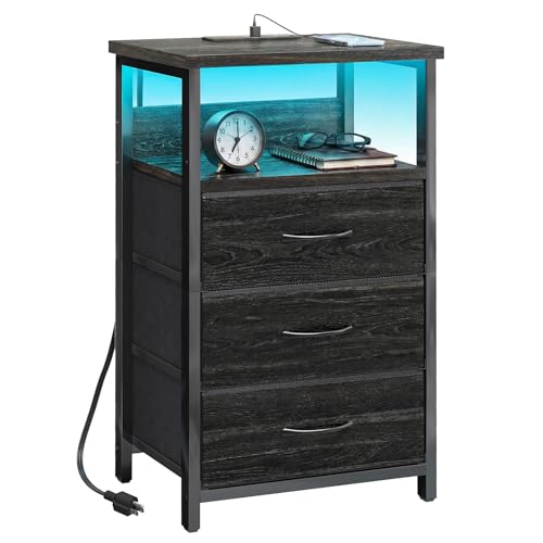Fixwal Night Stand with Charging Station, LED Nightstand with Fabric Drawers, End Table with PU Finish, Bed Side Table, Black Oak - color: Black Oak, size: 27.6"H (3 drawers), style: Power+Light (1pc)