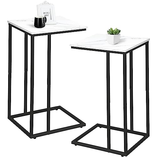 C Shaped Side Table Set of 2, Marble End Table for Sofa and Bed, Couch Table That Slide Under, Snack Side Table for Living Room, Bedroom or Small Spaces, White and Black - color: Black
