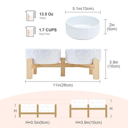 SPUNKYJUNKY Elevated Dog Bowls Ceramic, 5.1'' Dogs and Cat Food Water Bowls Raised with Non-Slip Bamboo Stand for Puppy Small Sized Breed Microwave Dishwasher Safe - 13.5 OZ,Skull White - color: White - Skull, size: 5.1 in - 1.7 cups
