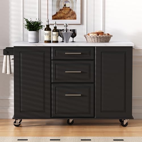 Kitchen Island with Trash Can Storage Cabinet and Faux Marble Top | Black, 50.7" Rolling Kitchen Cart on Wheels with Drop Leaf, Spice Rack, Towel Rack and Adjustable Shelf for Dining Room - color: Black