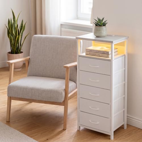 Fixwal Tall Nightstand with Charging Station and LED Lights, Night Stand with PU Finish Fabric Storage Drawers, 5 Drawer Dresser, White - color: White, size: 39.3"H (5 drawers), style: Power+Light (1pc)