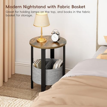 Vagusicc Small Round Side Table, Accent End Table with Storage Basket, Set of 2 Half Round Coffee Table End Table, Half Moon Bedside Table, Modern Nightstand Couch Table for Living Room Bedroom, Brown - color: Rustic Brown