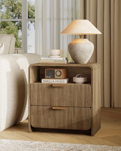 24" Fluted Nightstand Set of 2 with Charging Station, Bedside Table with Metal Handle, NightStand with 2 Drawer and Shelf, End Table for Bedroom, Curved Profile, Light Walnut - color: Light Walnut-2 Drawers, size: 2 Drawers