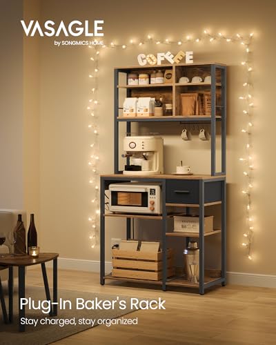 VASAGLE Bakers Rack with Charging Station, Coffee Bar, 15.7 x 31.5 x 71 Inches, Kitchen Microwave Stand, Adjustable Storage Shelves, Fabric Drawer, 12 Hooks, Rustic Brown and Ink Black UKKS015K01 - color: Rustic Brown + Ink Black, size: 15.7"D x 31.5"W