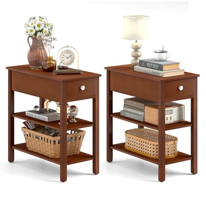 Giantex Narrow End Table Set of 2, Farmhouse Side Tables with Drawer & Storage Shelves, Wood Sofa Side Table, 3-Tier Night Stand for Small Space Living Room Bedroom, Brown - color: Brown