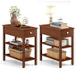 Giantex Narrow End Table Set of 2, Farmhouse Side Tables with Drawer & Storage Shelves, Wood Sofa Side Table, 3-Tier Night Stand for Small Space Living Room Bedroom, Brown - color: Brown