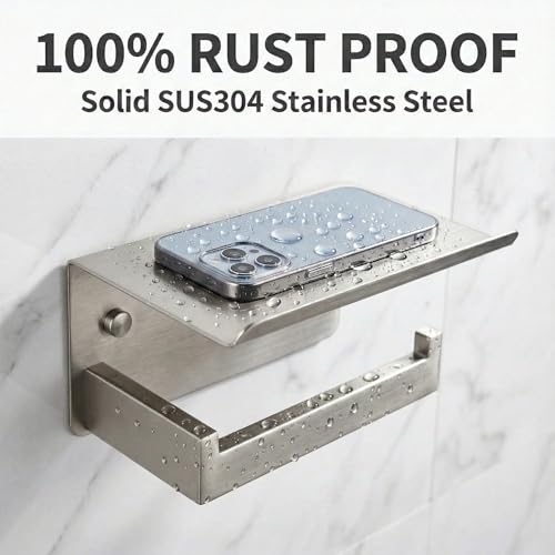 Toilet Paper Holder with Phone Shelf, Brushed Nickel | SUS304 stainless steel, screw-mounted, phone shelf with raised lip, fits standard toilet paper rolls - color: Brushed Nickel