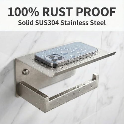 Toilet Paper Holder with Phone Shelf, Brushed Nickel | SUS304 stainless steel, screw-mounted, phone shelf with raised lip, fits standard toilet paper rolls - color: Brushed Nickel