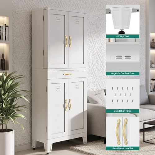 YITAHOME 71" Metal Pantry Cabinet with Drawer, Shelves & Door Racks, White | Tall Freestanding Steel Cupboard with 4 Doors, 8 Racks & Adjustable Shelves for Kitchen and Dining Room