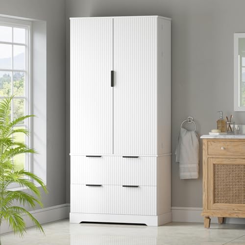 72" Tall Freestanding Wood Fluted Pantry Organizers Storage Cabinet with 2 Drawers, Door Racks, Modern Minimalist Cabinet with Adjustable Shelves for Kitchen, Living Room, Bathroom(White)