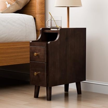 Narrow Nightstand with Drawers Set 2, Pre-Assembled Solid Wood Small Skinny Night Stand with Open Sliding Shelf Slim Bedside Table for Bedroom, Slim Side Table 2, Black Walnut, 8" - color: Black Walnut-2pack, size: 8"