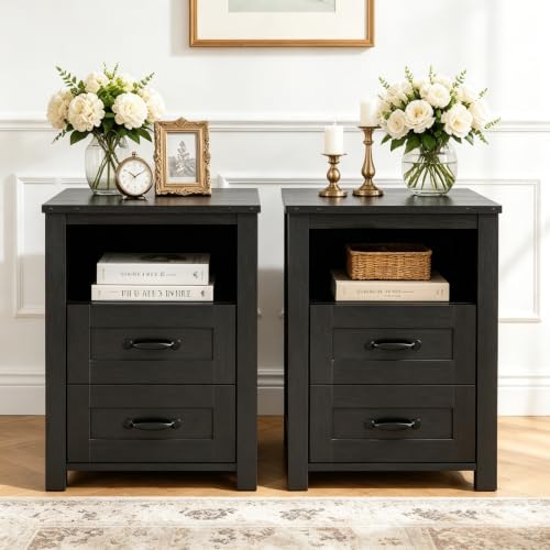 Farmhouse Night Stand Set of 2, Rustic Black Nightstand for Bedroom, End Tables with Charging Station, Bedside Table with Drawers, Wood Bedside Cabinet Dresser - color: Black, size: 2pcs with Charging