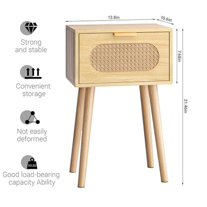 Nightstands Set of 2, Bedside Table with Rattan Door, Boho End Table with Solid Wood Legs for Bedroom, Living Room, Small Space Nightstands, Natural Color, HNS001N - color: Natural