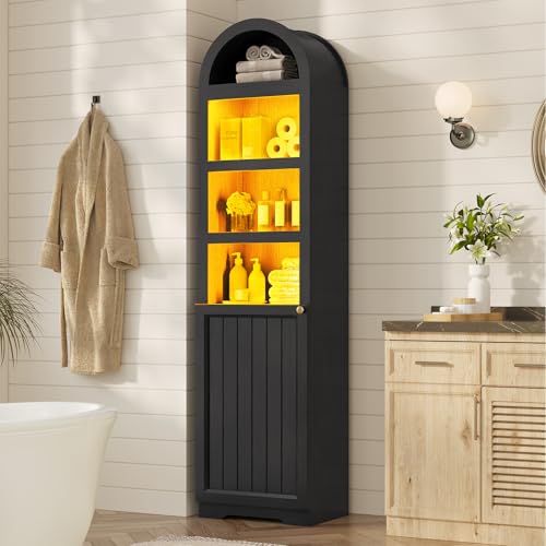 72" Tall Arched Narrow Bathroom Storage Cabinet with Lights, Slim Storage Cabinet with Adjustable Shelves for Small Spaces, Farmhouse Style (Black) - color: Black