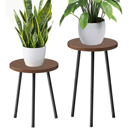 2 Pack Plant Stand Set: Tall and Short Round Wood Grain Plant Tables with Metal Legs - Indoor Outdoor Side Tables for Living Room, Bedroom, Patio, Balcony, Brown, 150 lbs Capacity(Walnut) - color: Walnut, size: 14"&20"