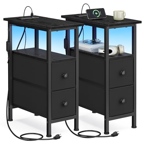 SONGMICS Side Table, Nightstand with Charging Station, End Table with LED Lighting, 2 Drawers, for Living Room, Bedroom, Set of 2, Ink Black, BELLAH Collection ULGS012B101 - color: Ink Black, size: 2 Pack (8.5"D x 18.1"W x 23.8"H)
