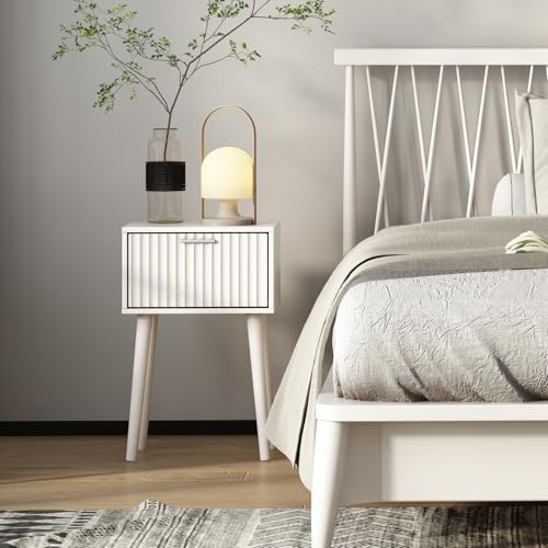 LAATOOREE Nightstands Set of 2, Small Side Table, Bedside Table with Fluted Door, Solid Wood Feet; Modern Mid-Century End Table for Bedroom, Small Space (White) - color: White, style: Fluted Style