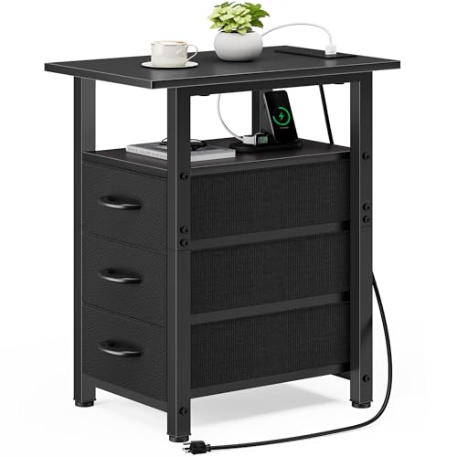 Vagusicc Black End Table with Charging Station, Narrow Side Table, 25.2'' Tall Narrow Nightstand with 3 Fabric Drawers, Slim Sofa Side Table for Small Spaces, Small Night Stand for Bedroom, Black - color: Black, size: 1, style: With Power