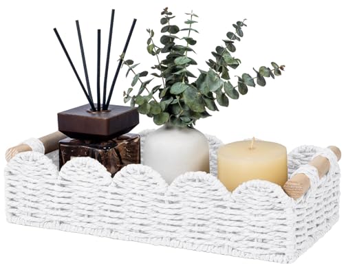 CubesLand Toilet Paper Storage Basket Organizer, Small Wicker Decor Basket | Toilet Tank Top Decorative Basket for Countertop, Handwoven Scalloped Basket W/Handle for Home Decor Living Room, White - color: White, size: s - 12.99 X 6.3 X 3.15in