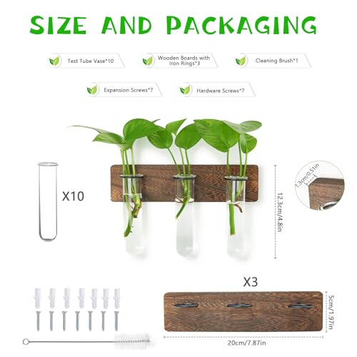 XXXFLOWER Wall Mounted Plant Terrarium with Wooden Stand 3 PCS | Hanging Planter Propagation Station with 3 Glass Tubes Indoor Hanging Planters for Home Office Indoor Decor - size: 9 Glass Tubes with Ring