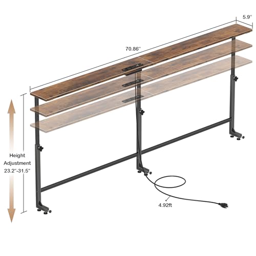 Faesun 70.9 Inch Behind Couch Table, 24"-32" Adjustable Height Range, Behind The Couch Table with Outlet, Adjustable Console Table, Narrow Long Sofa Table, for Living Room, Rustic Brown - color: Brown, size: 70.9"w x 5.9"d (C-shaped)