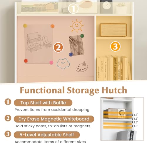 Tangkula Computer Desk with Hutch, Space Saving Laptop Desk with Magnetic Whiteboard, Keyboard Tray, Storage Shelves, Cable Holes, Home Office Desk with Bookshelf, Modern Writing Table (White)