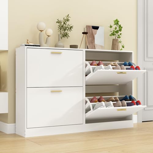 Shoe Cabinet Storage for Entryway, White Shoe Organizer with 2 Flip Drawers & Open Shelf, Freestanding Hidden Large Shoe Storage Cabinet (2pc-White, 2 Flip Drawers) - color: 2pc-white, size: 2 Flip Drawers without Shelf