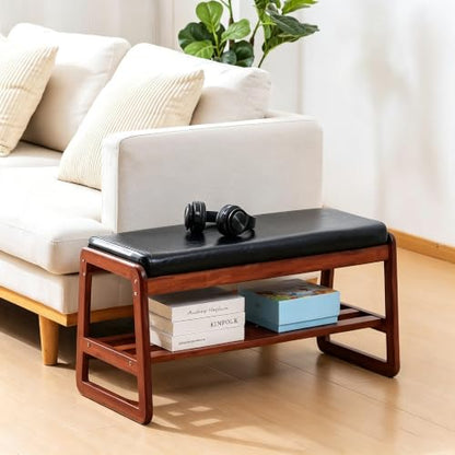 SOBIBO Solid Wood Shoe Bench, 2-Tier Wooden Entryway Bench, Modern Shoe Rack with Cushion for Hallway, Living Room (Black, 31.5'') - color: Black, size: 31.5 inches