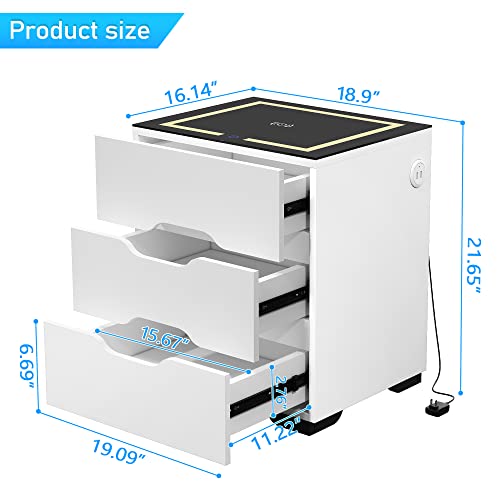 kepptory White Smart Nightstand with Wireless Charging Station & Adjustable LED Lights, High Gloss End Table with 3 Drawers & USB Charging, Bedside Table Organizer for Bedroom Use - color: White