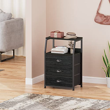 Furnulem Black Night Stand, Small Dresser for Bedroom, Nightstand with 3 Fabric Storage Drawers and 2-Tier Shelf, End Table Side Furniture for Closet, Hallway, Nursery, Sturdy Steel Frame, Wood Top - color: Black Oak, style: 3 Drawers
