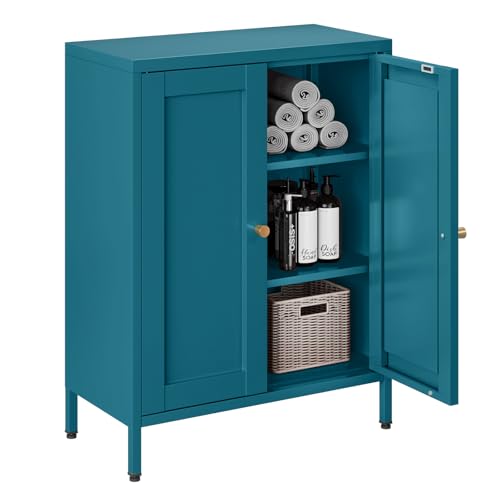 Bevivog Bathroom Floor Storage Cabinet,Metal Storage Sideboard with 2 Doors and 2 Adjustable Shelves,Modern Small Storage Cabinets, Blue Metal Locker for Entryway,Living Room,Hallway - color: Blue, size: 31.5"H x 23.6"W x 12"D
