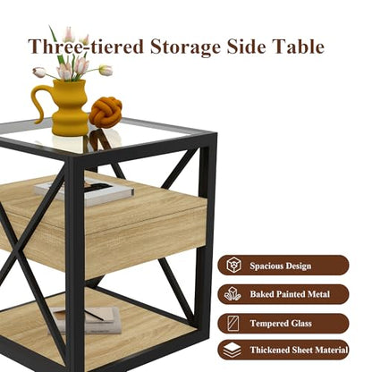 Bellemave 1 piece Small End Table with Drawer, Nightstand for Bedroom & Living Room, Wood MDF &Tempered Glass, Metal Frame, Industrial Style Side Table,Easy Assemble, Natural - style: with drawer